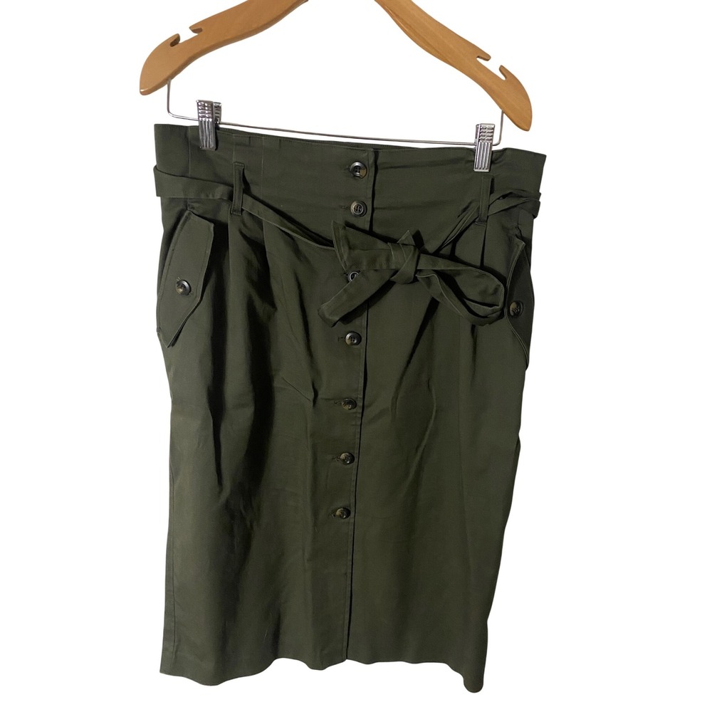 HM Womens Skirt Size 12 Olive Green Button Front Tie Waist Cargo Pencil